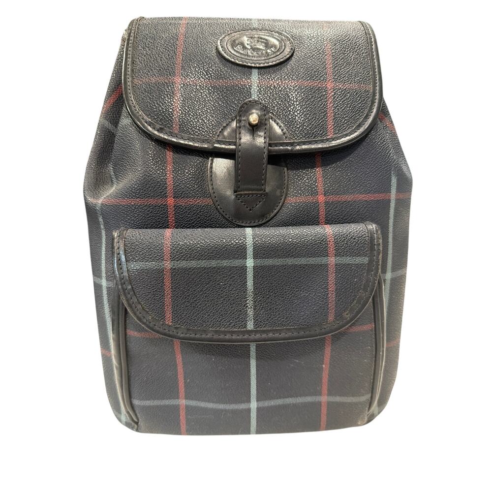 Vintage Burberry Check Backpack Navy Blu Plaid Rucksack Leather Trim Flap Luxury